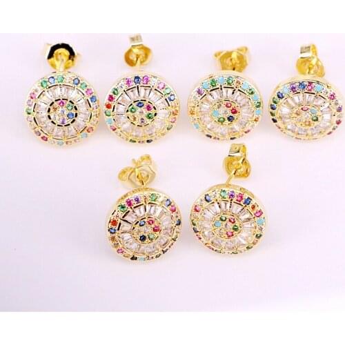 6Pairs, Sweet Rainbow Round Earrings 2019 Colorful Jewelry Trendy Studs Gold Fashion Tiny CZ Party Earrings for Women