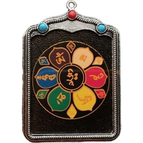 Antique Tibetan silver inlaid with Thangka six word mantra, altar Buddha brand, Nepal Tibetan Pendant