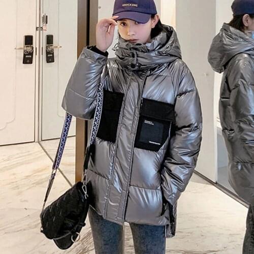 Stand Collar Shiny Womens Winter Long Jacket Korean Style Patchworka Female Cold Coat Thick Loose Cotton Padded Glossy Parkas