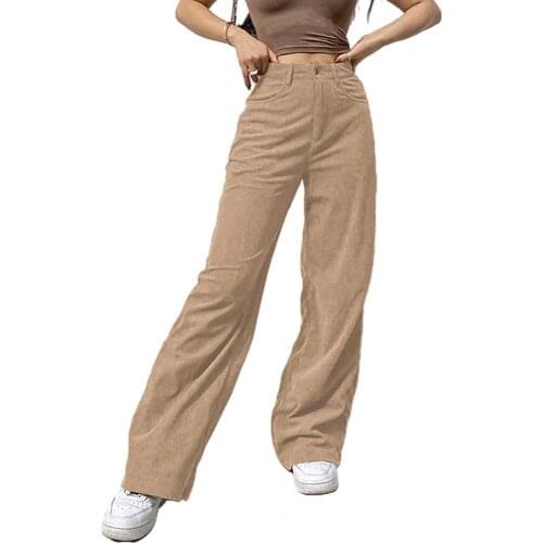 Women Trouser High Waist Pockets Solid Color Corduroy Straight Pants Wide Leg Trousers Fashion Casual Streetwear Pants Oversized