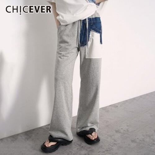 CHICEVER Casual Colorblock Patchwork Irregular Pocket Baggy Jean For Women High Waist Wide Leg Denim Womens Pant 2021 Autumn