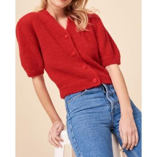 [ElfStyle] - Short Mohair Wool Blend Knitwear V-neck Short Puff sLEEVED Front BUTTONED Spring Summer SWEATER