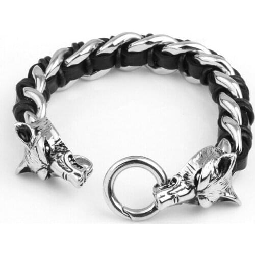Fine Biker Jewelry Two Wolf Heads Stainless Steel Leather Mens Bracelet Male Black Genuine Leather Weaved Animal Wolf Bracelet