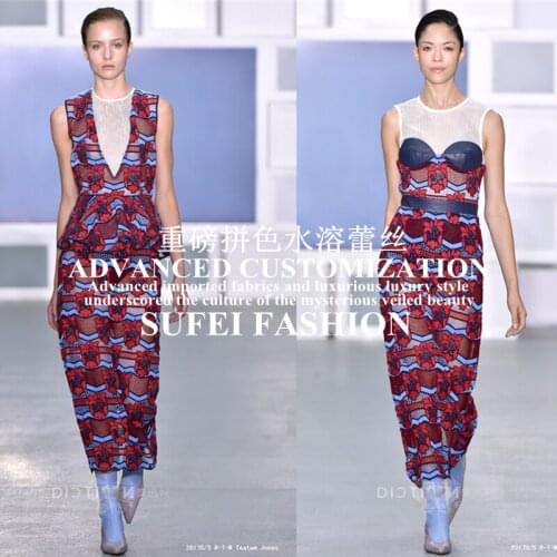 Quality handmade 120cm wide red-blue floral embroideried milk silk cut-out lace dress cheongsam fabric S122