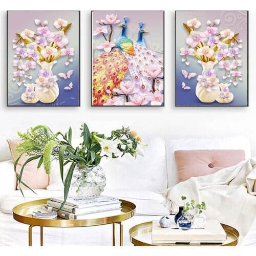 Print Painting Modular Pink Color Feather HD Framework 3 Panel Peacock Combination Canvas Wall Art Poster For Living Room Pictur