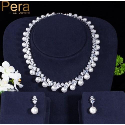 Pera Luxurious Noble Design Bridal Wedding Pearl Jewelry Big Cubic Zirconia Round Choker Necklace Set For Brides Party Gift J023