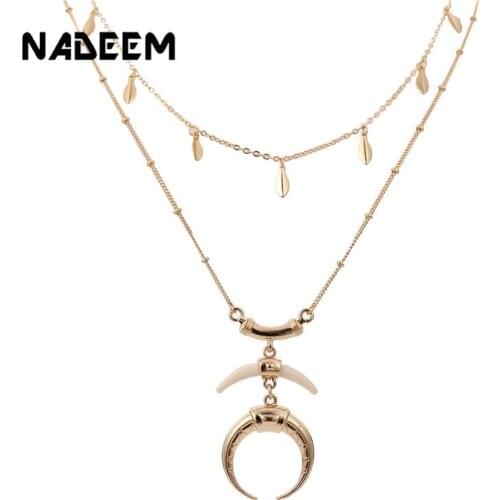 New 2Pcs/Sets Choker Necklace for Women Gold Horn Moon Pendant Chain Necklaces Sets Leaf Chain Couple Necklace Sets Jewelry