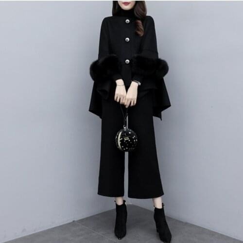 Autumn Winter Womens Woolen Two Piece Set Fashion Single-Breasted Cloak Coat + Wide Leg Pants Casual Suit Komplety Damskie Z837