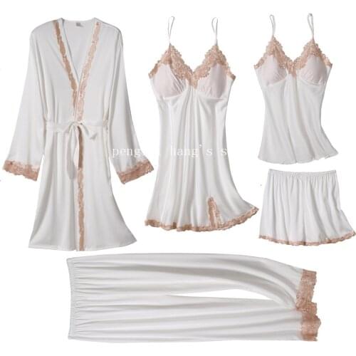 Sexy Lace Pajamas Suit Casual Women Kimono Bathrobe Gown Intimate Lingerie Satin White Sleepwear Summer New 5PCS Sleep Set