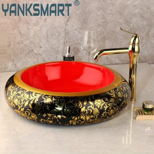YANKSMART Luxury Painted Basin Set Golden Bathroom Faucet Counter Top Basin Sink Single Hand Vanity Sink Hot Mixer Water Tap