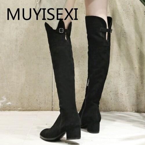 Natural Suede Leather Full Genuine Leather 5cm Med Heels Thigh High Over the Knee Boots Long Warm Women Shoes LDI07 MUYISEXI