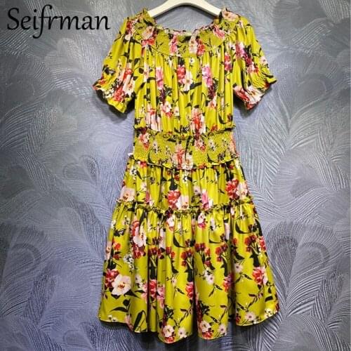 Seifrmann New 2021 Summer Women Fashion Designer Midi Dress Sexy Spaghetti Strap Ruffles Floral Printed Ladies A-Line Dress