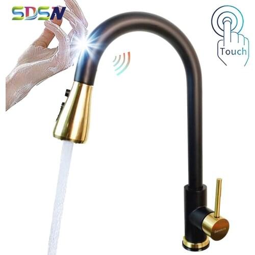 Touch Kitchen Faucets SDSN Black Gold Pull Out Kitchen Sink Faucet Stainless Steel Sensor Kitchen Mixer Tap Smart Touch Faucets