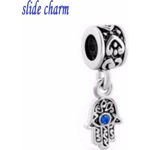 Slide charm Free shipping inlaid blue rhinestone evil eye Hamsa Hand of Fatima pendant charm beads fit Pandora bracelet