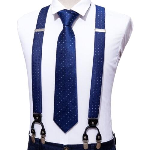 Blue Fashion Dot Adjustable Y-Back Silk Suspenders Set Neck Tie For Men Party Wedding Y-Shape 6 Clip Suspenders Barry.Wang