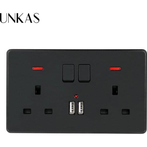 UNKAS 146mm*86mm Black Color Wall Power Socket Double UK Standard Outlet Switched 2.1A Dual USB Charger Port LED indicator