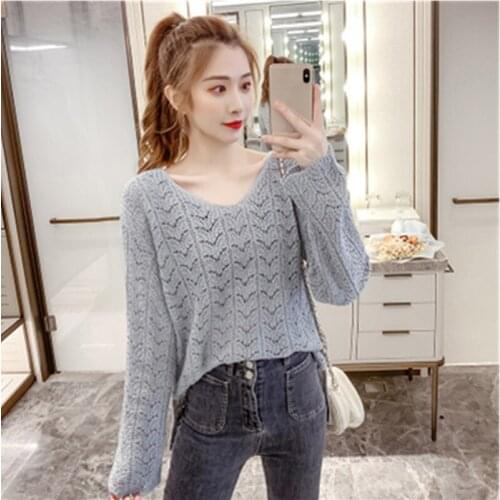 Knitted Sweater Women 2021 Spring Autumn New Fashion V-Neck Loose Hollow Solid Color Long-Sleeved Ladies Pullover Sweaters A576