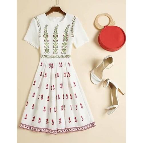 Womens European and American wear 2021 summer new style Floral embroidery with round neck and short sleeves Fashionable dress