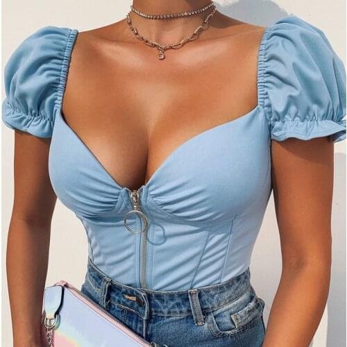 2021 New Style Women Short Puff Sleeve Top with Sexy V-neck Smooth Zipper Skinny Fit T-Shirts Summer Clothing