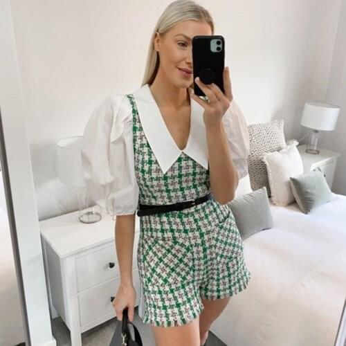 XIKOM 2021 Summer Women Plaid Sashes Tweed Streetwear Jumpsuits Female Vintage Puff Sleeve Slim Ladies Playsuits