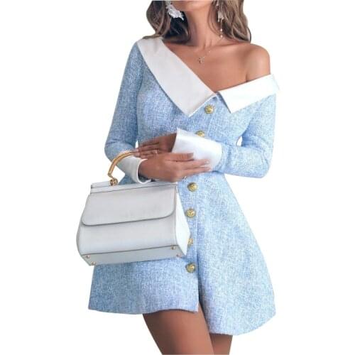 Sexy Slash neck Office Lady Mini A-line Dress Women Long Sleeve Blue Dress with Button Female Bodcyon Dress Robe De Femme