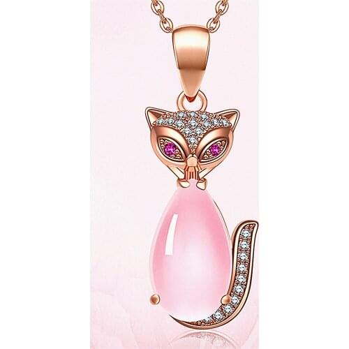 Fashion cute fox pink crystal AAA zircon diamonds gemstones pendant necklaces for women 18k rose gold color jewelry choker gifts