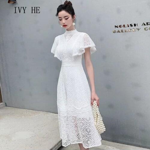 IVY HE High Quality Summer Dress Woman Clothing White Lace Lotus Leaf Raglan Sleeve Midi Long Dress Traf Robe ZA Vintage Dresses