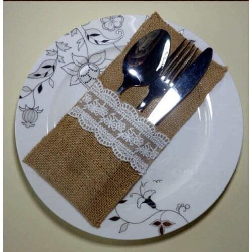 50pcs/lot Wedding Tableware Bag Hessian Jute Cutlery Pocket Knife Fork Burlap Lace Pouch Bag Wedding Party Supplies