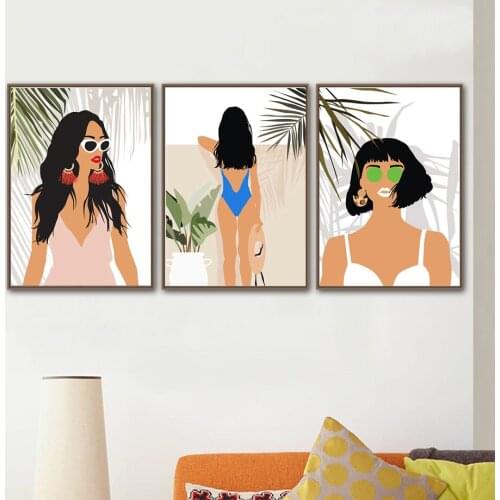 Abstract Girl Figure Green Plant Leaves Wall Art Canvas Painting Nordic Posters And Prints Wall Pictures For Living Room Decor