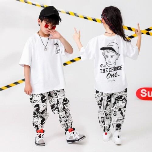 Girls Boys Jazz Dance Clothes for Kids Hip Hop Ballroom Dancing Costumes T Shirt Tops Stage Fashion Show Graffiti Pant Dancewear