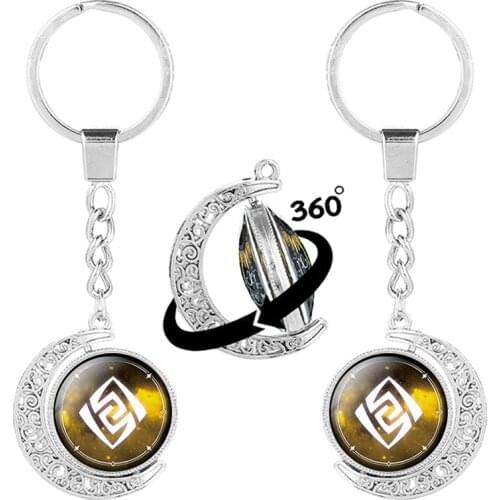 Genshin Impact Element Rotatable Double Sided Glass Keychain Silver Color Hollow Moon Pendant Car Key Chain Accessories
