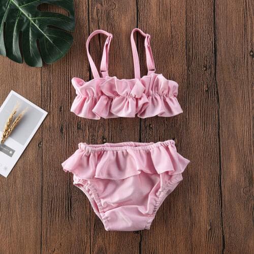 Summer Baby Girls 2 Pieces Swimsuit Kids Baby Toddler Solid Color Ruffle Sling Tops+High Waist Triangle Shorts Pink Swimwear