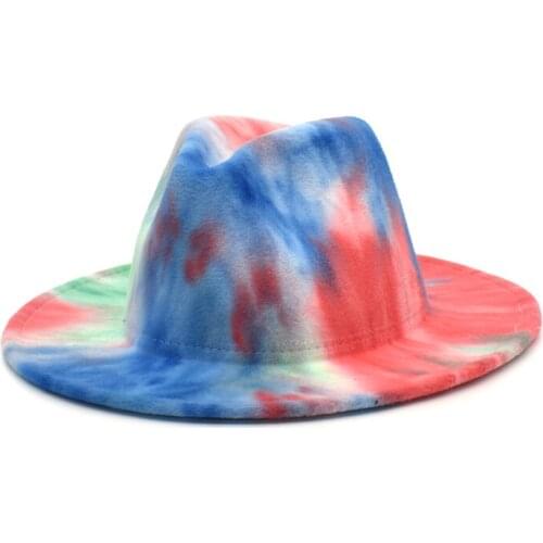 FUODRAO New Fashion Tie dye Fedoras Women Wool Felt Jazz Hat Wide Brim Vintage Men Cowboy Hat Party Elegant Ladies Panama E1