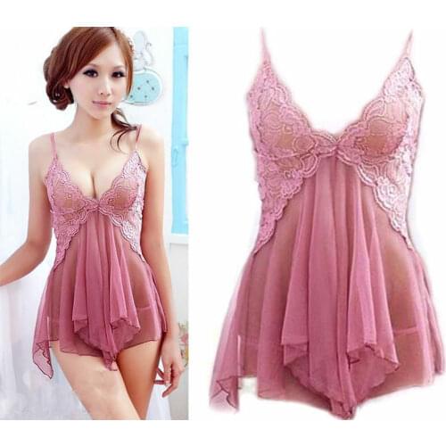 New arrival Women Sexy Lingerie Lace Dress sleeveless Underwear Sleepwear+G-string Nightwear Dress Exotic pink Dress Babydoll
