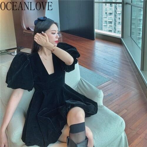 OCEANLOVE Evening Party Dress Velvet Solid Puff Sleeve Sexy High Waist Mini Woman Dresses A-line 2021 Retro Vestidos 19568