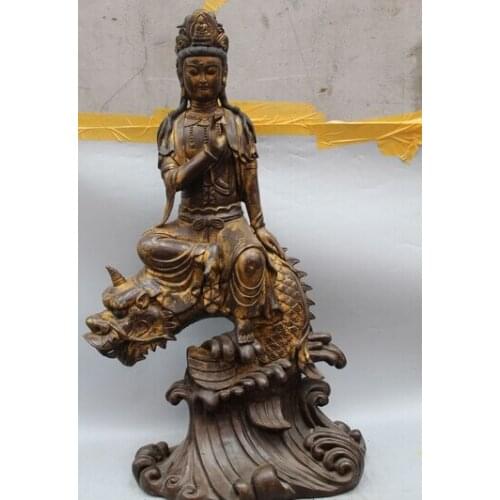 Wholesale factory 32" Chinese Buddhism Bronze Gilt Seat Dragon Kwan-Yin Guan Yin Goddess Statue 25% off