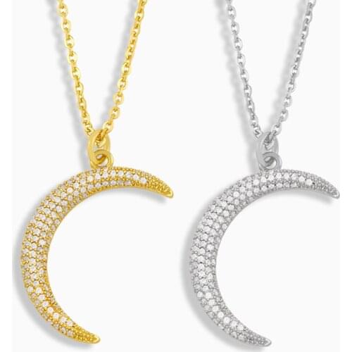 FLOLA Gold Plated Crescent Horn Necklace For Women CZ Pave Stone Pendant Necklace Cubic Zirconia Wholesale Jewelry Gift nkev04