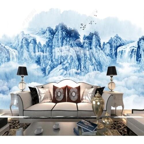 Papel de parede Blue and white blue ink landscape waterfall 3d wallpaper mural,iving room tv wall bedroom wall papers home decor