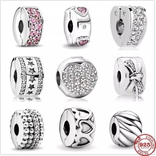 Authentic Original 925 Sterling Silver Charm Bead Clear Pavé Spacer Clip Charms silver Fit Pandora Bracelets Women DIY Jewelry