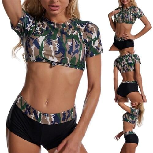 O-Neck Small Chest Short-Sleeve Printed Swimsuit Boxer Shorts Retro Fashion Swimsuit Suit Women