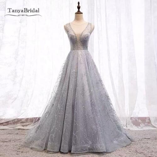 V Neck Silvery A Line Prom Dresses With Beads Sequins V Back Sexy Prom Evening Gown JQ783