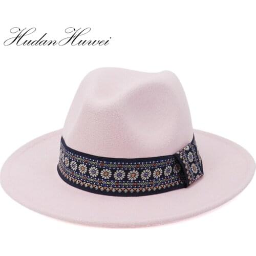 Unisex Cotton Autumn Winter British Classical Woolen Felt Jazz Panama Fedora Hat Wide Brim Gentlemen Elegant Ladies Church Hat