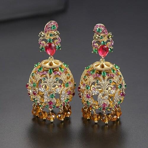 Retro Drop Earring Jhumka Indian Bridal Crystal Zircon Earrings Women Wedding Bridal Party Dangle Earrings Ethnic Gypsy Bohemian