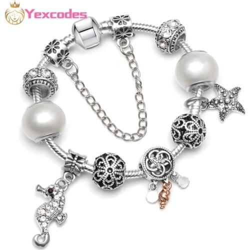 High Quality Ancient Silver-plate Large Hole Beads,DIY Pearl Conch Seahorse Starfish Charm Beads,Brand Fine Bracelet Woman Gifts