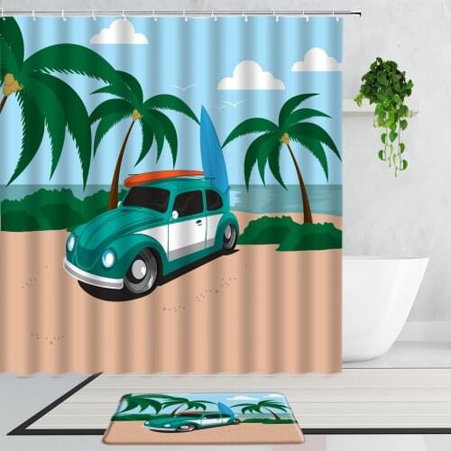 Camping Car Shower Curtains Cartoon Camper Sunny Beach Natural Scenery Bathroom Decoration Curtain Set Non-Slip Bath Mats Carpet