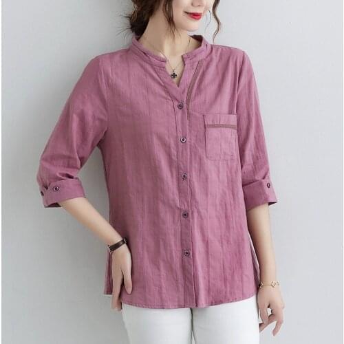Plus Size Women Cotton Casual Shirts New 2021 Simple Style Vintage Stand Collar Solid Color Loose Ladies Elegant Tops B057