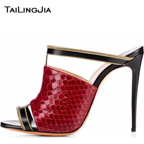 Women Sexy Peep Toe Mules Red Python Pattern High Heel Sandals Black Dress Shoes Ladies Summer Stilettos with Chain Big Size