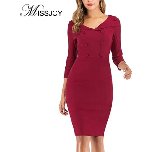 MISSJOY Ladies Pencil Business Office Solid Color Elegant High Waist Pin Up Women Dresses Autumn 3/4 Sleeves 2019 Bodycon Female