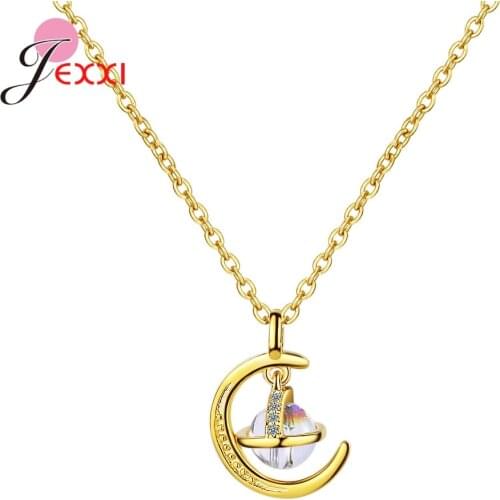 925 Sterling Silver Jewelry Crescent Moon/Zircon Planet Pendant Necklace for Women Choker Collare Summer Party Accessories