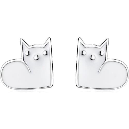 100% 925 Sterling Silver Cute Cat Earrings White Black Enamel Kitty Piercing Ear Animal Stud Earrings Women Girls Fine Jewelry